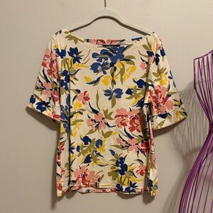 Lauren Ralph Lauren Cream Boatneck Floral Top with Blue, Pink & Yellow